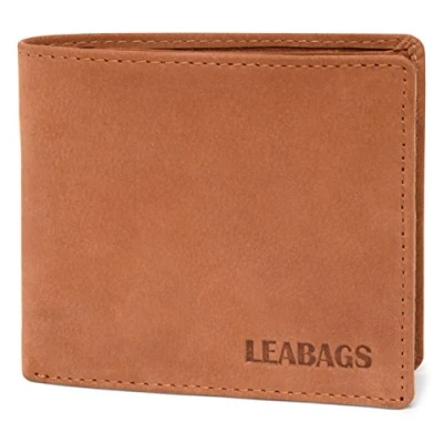 Imagen de LEABAGS Billetera de Cuero para Hombres Protección RFID Formato Horizontal Monedero con Compartimento Monedas 11 Compartimentos Tarjetas Costura Reforzada Marrón Claro Natural