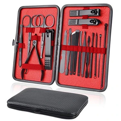 Imagen de URAQT Set de Manicura Pedicura, 18 Piezas: Herramientas Remover Cutícula, Tijeras Uñas Profesional, Caja Cuero, Cortaúñas Acero Inoxidable Grooming Kit
