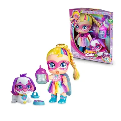 Imagen de SUPER CUTE LITTLE BABIES Rainbow Party Doll with Regi, Muñeca Superheroína con el pelo de colores y un perrito blanco Mascota Snowball, Ropa Reversible Accesorios biberón, Famosa (UPU06100)