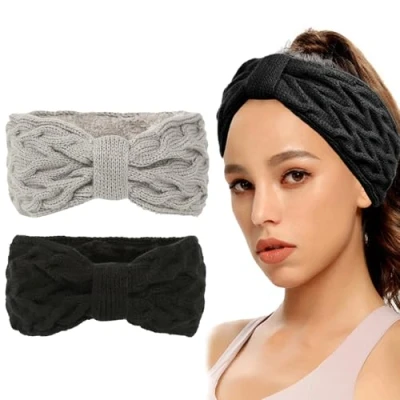 Imagen de Roysmart diadema para mujer de invierno, 2 unidades, diademas punto, con forro polar, banda elástica la cabeza punto mujer, (negro + gris)