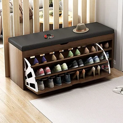 Imagen de Bagewinner Banco Zapatero para Ahorrar Espacio de Madera con Puerta abatible, Triple Profundidad y Asiento Piel sintética, Pasillo Multifuncional Armario Zapateros Baúl 100x30x50cm(Blanco)