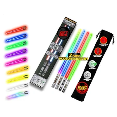Imagen de Palillos de sable luz con LED brillante Star Wars, reutilizables, sables encendido sushi, mango extraíble, apto para lavavajillas, 8 modos color, 2 pares