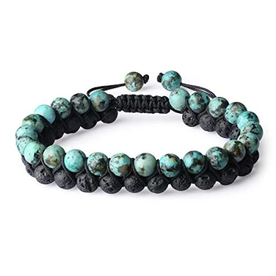 Imagen de COAI Pulsera Ajustable Doble Capa de Piedras Semipreciosa Piedra Lava y Turquesa para Hombre