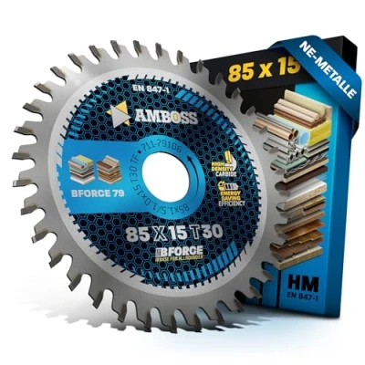 Imagen de Hoja de sierra circular HM 85 x 15 Z30, diente plano trapezoidal para aluminio. AMBOSS WERKZEUGE® mm compatible con Bosch GKS 12V 26. 10.8. Makita HS 300 301. Worx Versacut