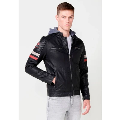 Imagen de Cazadora efecto piel con Cuello capucha desmontable y Cierre delantero cremallera color Negro para Hombre