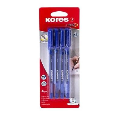 Imagen de Kores K2 Lote de 4 bolígrafos Triangulares con agarre suave, punta 1 mm, tamaño mediano, tinta azul