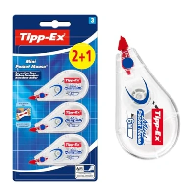 Imagen de Tipp Ex Cinta Correctora Mini Pocket Mouse Óptimo para Material Escolar 6 m x 5 mm, Pack de 2+1, Color Blanco