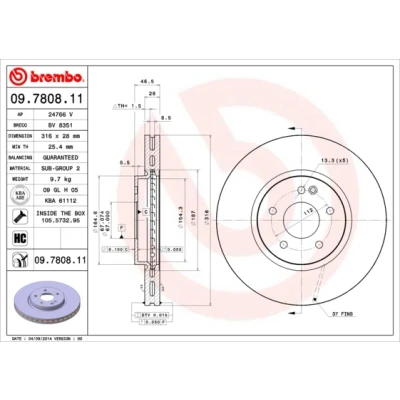 Imagen de BREMBO COATED DISC LINE 09.7808.11 Disco de freno 316 28 5 ventilación interna revestido altamente carbonizado con tornillos