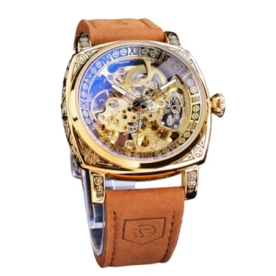 Imagen de FORSINING relojes de lujo para hombres, reloj mecánico retro cuadrado auto viento tallado, movimiento engranaje esqueleto dorado automáticos vintage pulsera cuero pulsera,