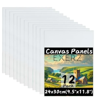 Imagen de Exerz 24x30cm Paneles de Lienzos 12 piezas, 100% Algodón, 280 GSM, Triple Preparado, Libre Ácido, Hebra Media Ideal para Pintura Acrílica y Óleo