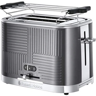 Imagen de Russell Hobbs Tostadora Geo Steel 2 Ranuras Cortas y Anchas, Tostador para Rebanadas, Bandeja Recogemigas, Calientapanecillos, Función Cancelar Descongelar, Acero Inoxidable, Gris 25250 56