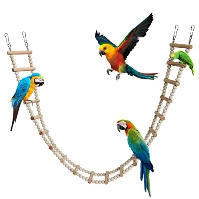 Imagen de Puente de escalera pájaros madera, escaleras, juguete para masticar, accesorios colgantes jaula pájaros, guacamayos, periquitos (20 escaleras) (115x8 cm)