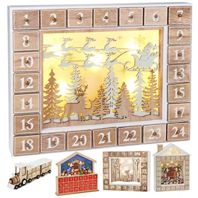 Imagen de BRUBAKER Calendario de Adviento Madera Reutilizable para Rellenar Papá Noel Volador con iluminación LED Navidad DIY 35.5 x 6 27 cm