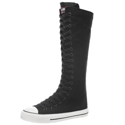 Imagen de ANUFER Niña Mujer Rodilla Alta Botas de Lona con Cordones Cremallera Plano Zapatos Deportivos F888 Negro EU41