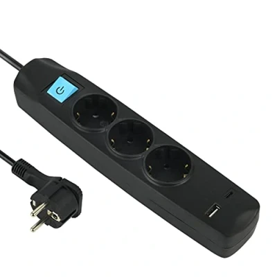Imagen de Electraline 62164 Regleta Base Multiple 3 Tomas Schuko + 2 USB 3.4A 17W (1 Tipo A 1 C), Interruptor ON/OFF, Clavija Extra Plana Schuko, Cable 1.5M