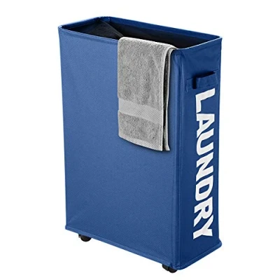 Imagen de Cesto para la Colada delgada sobre Rueda, IHOMAGIC Cesta de Lavandería Rectangular Práctica Plegable Colector Ropa Sucia el Hogar, Cocina, Dormitorio, Hotel, Viaje 35 40L, 600D, Azul Oscuro