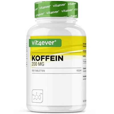 Imagen de comprimidos de cafeína con 200 mg cada uno 500 Sin aditivos no deseados Altamente dosificado Vegano