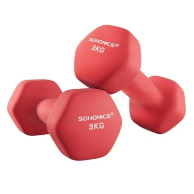 Imagen de SONGMICS Juego de 2 Mancuernas, x 3 kg, Mancuernas Hexagonales con Superficie Vinilo, para Fitness, Ejercicio, Entrenamiento, Gimnasia en Casa, Rojo Rubí SYL66RD