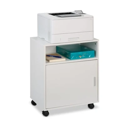 Imagen de Relaxdays Mesa Impresora con 4 Cajones y Puerta, Cajonera Oficina Ruedas, Mueble Despacho, 57 x 48 34 cm, Blanco, Aluminio
