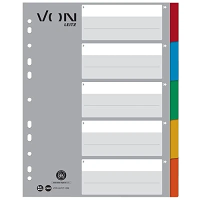 Imagen de VON Leitz 12890000 Lote de 10 separadores en blanco para carpetas A4, extra anchos, 100% cartón reciclado, 11 agujeros universales, multicolor