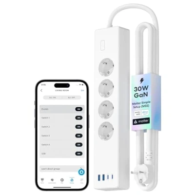Imagen de Meross Matter Regleta Inteligente, WiFi con 30W Carga Rápida, Compatible Matter, Apple HomeKit, Alexa y Google, 4 Enchufes + 2 USB A+2 C, Simple Setup 1.8m Cable