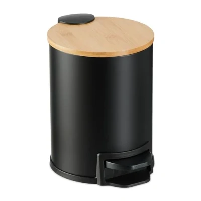Imagen de Relaxdays Cubo Basura Baño 3 L, Papelera Aseo y Tocador, Tapa Bambú, Cierre Soft Close, Bote Interior Extraíble, Negro, Hierro, 22,5 x 17 23 cm