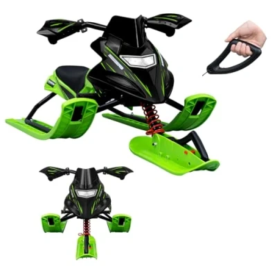 Imagen de Laneetal Trineo para Nieve, Snowracer, Niños, de Dirección, con Freno y Asiento PU, Bastidor Acero, Cable Remolque Autorretráctil, Negro+Verde