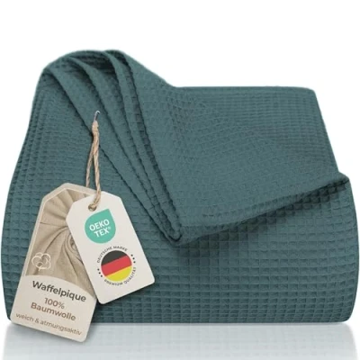 Imagen de LAYNENBURG Manta para sofá Verano 180 x 220 cm Waffle Pique 100% algodón cocha Ligera de como Cama, aireada (Azul Mirage)