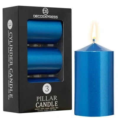 Imagen de DECO EXPRESS Velas Larga Duracion, Decorativas Pack de 3 Velas, Combustión 30 Horas Sin Aroma Varios Colores (Azul Metalizado Paquete 3)