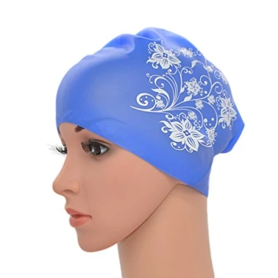 Imagen de Medifier Mujeres señoras con estampado de flores silicona elástica para piscina agua, gorro natación orejas adultos pelo largo (azul)