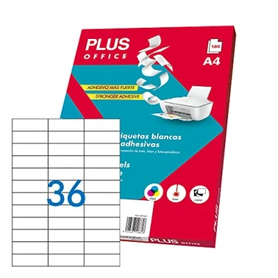 Imagen de Plus Office 10674 Etiquetas autoadhesivas de cantos rectos, 3600 eti/caja, 70 x 25.4 mm, blanco
