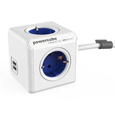 Imagen de Allocacoc 1402BL/DEEUPC PowerCube Extended Regleta de 4 Tomas Corriente, Cable 1.5 Metros, 2 USB y Kit Soporte para Fijar en Mesa, Color Azul, 250 V