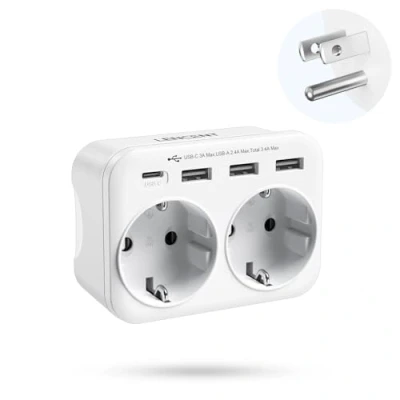 Imagen de LENCENT Adaptador Enchufe USA/EE.UU, Americano de Viaje con 3 Puertos USB y 1 Puerto C, Europa Español 2 Pin a EEUU para México, Canada, Tailandia, Perú, Colombia, Tipo B Blanco