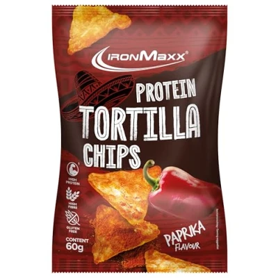 Imagen de IronMaxx Protein Tortilla Chips Paprika Bolsa de 60 g Snack crujiente alto en proteínas soja y yuca Rico fibra sin gluten Ideal para una dieta consciente llevar