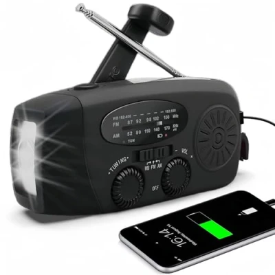 Imagen de Radio solar portátil con tiempo AM/FM/NOAA, generador de manivela, batería recargable 2000 mAh, cargador USB para teléfonos móviles, linterna LED, emergencias, camping, pesca (negro)
