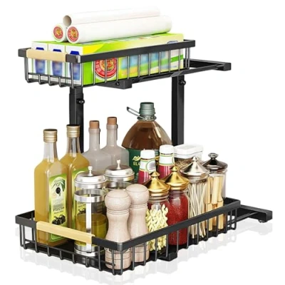Imagen de LeapBeast Organizador Cocina 2 Niveles,Ajustable Bajo Fregadero,Metal Fregadero,Almacenaje Debajo Fregadero Multiusos para Cocina,Baño,Dormitorio (1, Negro)