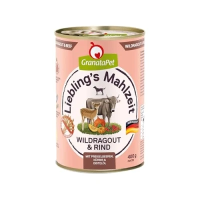 Imagen de GranataPet Lieblings&#039;s Mahlzeit Wildragout &amp; Rind, Comida húmeda para Perros, Perros sin Cereales y azúcares, pienso Completo, 6 x 400 g