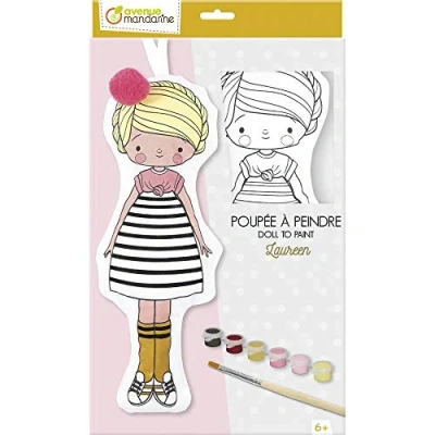 Imagen de Clairefontaine ES Avenue Mandarine Poupée à Peindre, Laureen 1 en Tissu (H. 29cm) + 6 Flacons Peinture Acrylique Pinceau Pompon Coller Kit Créatif Partir de Ans PP039C