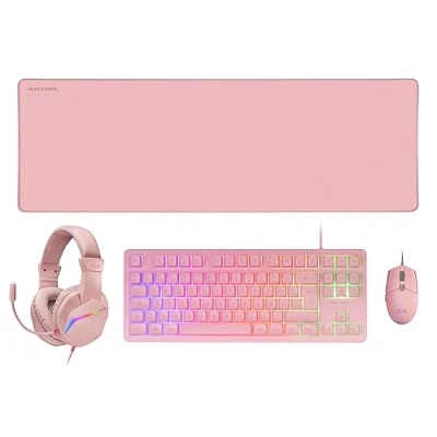 Imagen de Mars Gaming MCP RGB3, Pack Teclado Fixed RGB + Ratón Flow 3200 dpi Auriculares Over Ear Alfombrilla XXL, Rosa, Idioma Español