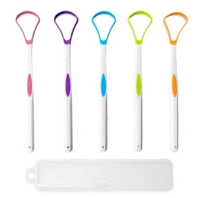 Imagen de 5 raspadores de lengua para adultos y niños, cepillo plástico colorido lengua, kit cuidado bucal aliento fresco, boca salud, accesorio limpieza