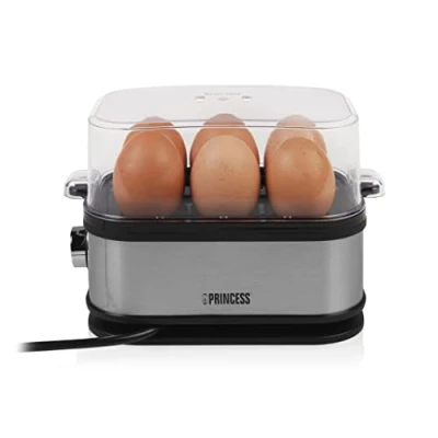 Imagen de Princess 262046 Cocedor de huevos acero inoxidable, adecuado para 6 a la vez, tapa plástico transparente libre BPA, 400 W