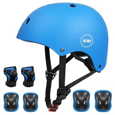 Imagen de XJD Casco de Ciclismo para Niños y Protecciónes Infantiles Incluye Rodilleras,Coderas Muñequeras con Certificación CE,Adjustables 7 Piezas Patínes Patinete 3 a 8 Años (Azul S)