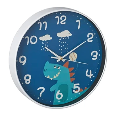 Imagen de Relaxdays Reloj Pared Infantil Dinosaurio, Números, para Aprender la Hora, Segundero, Ø 29,5 cm, Cuarto Niños, Azul, x 4,5 cm