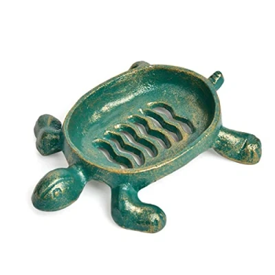 Imagen de Sungmor Jabonera drenable de Hierro Fundido Resistente, Bonita Forma Tortuga y Acabado Verde Antiguo Dorado, Bandeja jabón para Fregadero Cocina, baño, práctico Decorativo