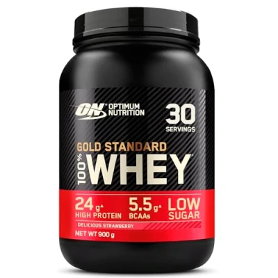 Imagen de Optimum Nutrition Gold Standard 100% Whey, Proteína en Polvo para Recuperacíon y Desarrollo Muscular con Glutamina Natural Aminoácidos BCAA, Sabor Fresa Deliciosa, 30 Dosis, 900 g