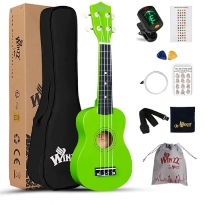 Imagen de Winzz Kit de iniciación ukelele soprano para principiantes con bolsa, afinador clip, cuerdas adicionales, correa, púa, calcomanías trastes, tarjeta acordes, paño pulido, verde claro
