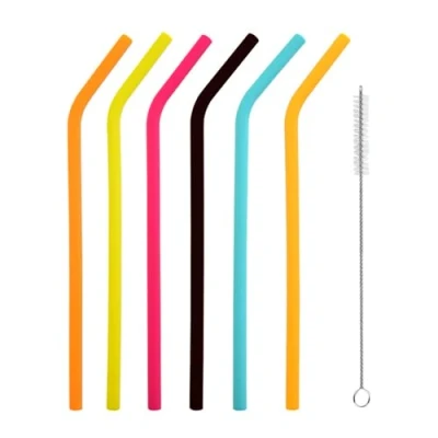 Imagen de iJiGui 6 Piezas Pajitas Reutilizables, de Curvo, Coloridas Silicona Plegable Ecológico, Incluye Cepillo Limpiador, para Bebidas Frías Juice Coffee Cóctel