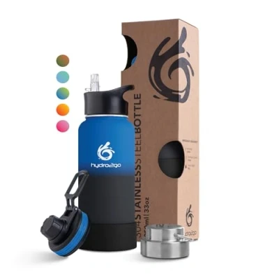 Imagen de hydro2go ® Botella de Acero Inoxidable 1000 ml / 1 litro para niños, escuela, deportes, fitness y actividades al aire libre Sin BPA + 3 Tapones Beber 100% a p
