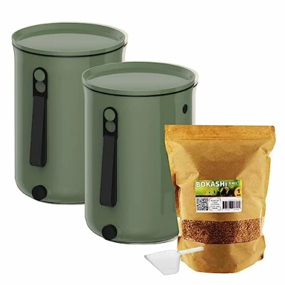 Imagen de Moutta Set de 2 Cubos Bokashi Organko Oliva (9,6L) Compostador orgánico con compactador + 1 kg Activador Fermentación EM 3