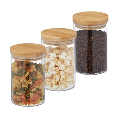 Imagen de Relaxdays 800 ml Botes Cristal, Set 3, Recipientes Cocina Redondos, Tapa Bambú, Tarros Herméticos, Transparente/Natural, Silicona